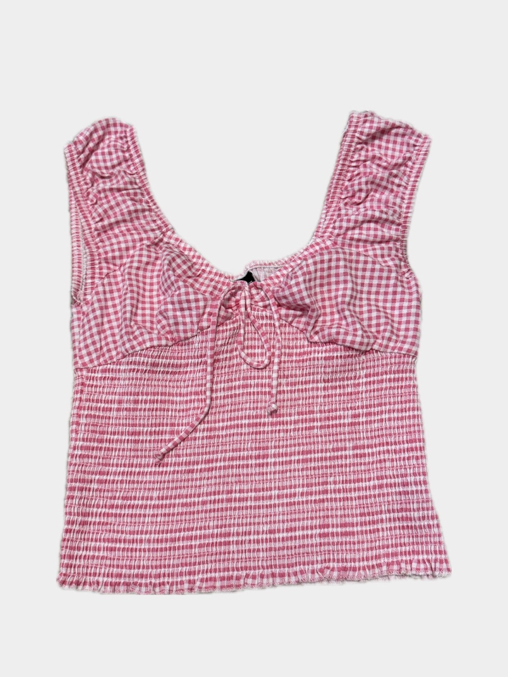 Pink Gingham Tie-Front Smocked Tank Top